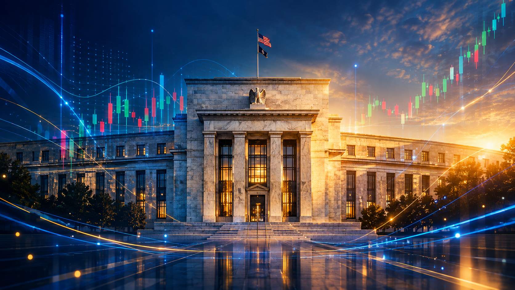 Classical central bank building facade with subtle financial chart overlays