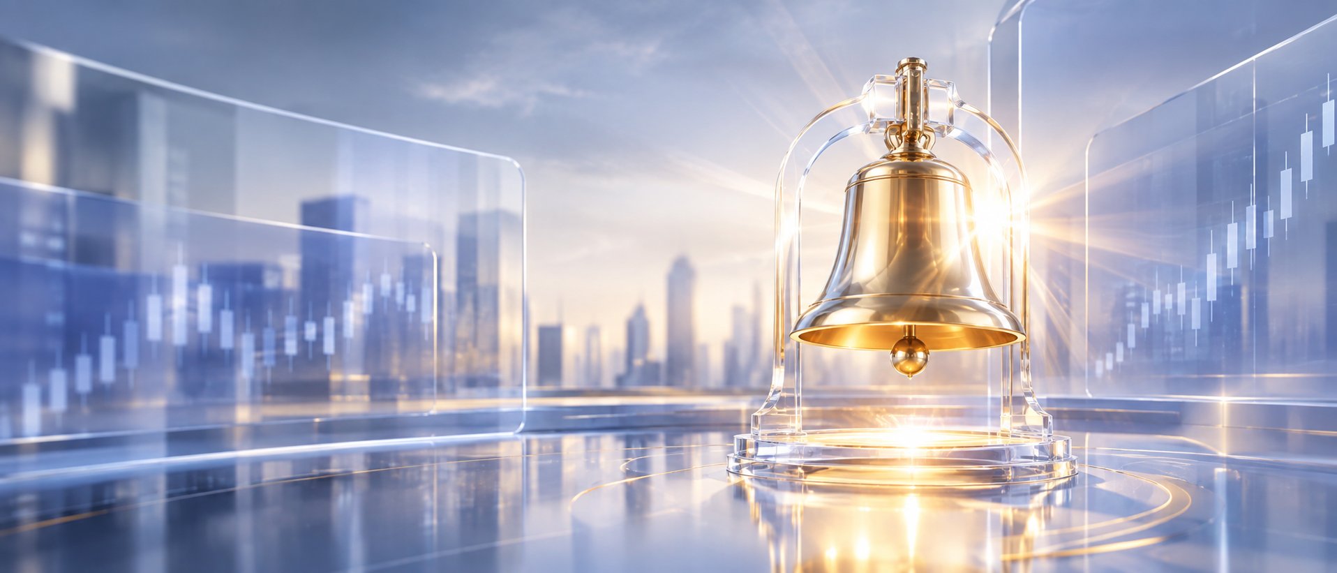 Golden bell with light rays at the moment of market open