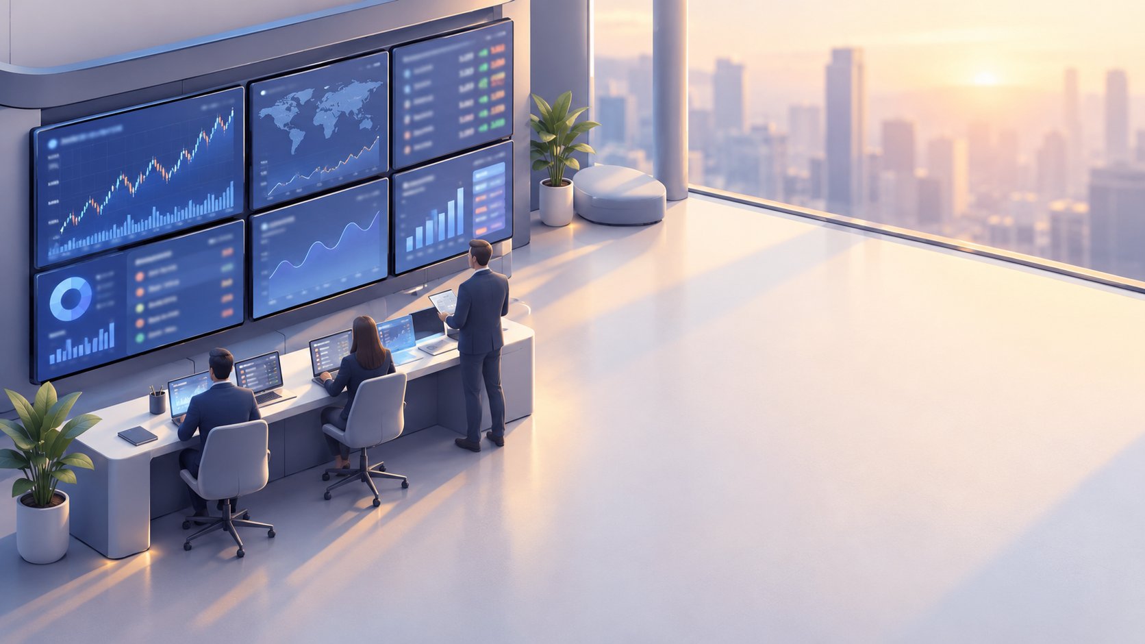 Newsroom wall of screens showing market charts figures blurred
