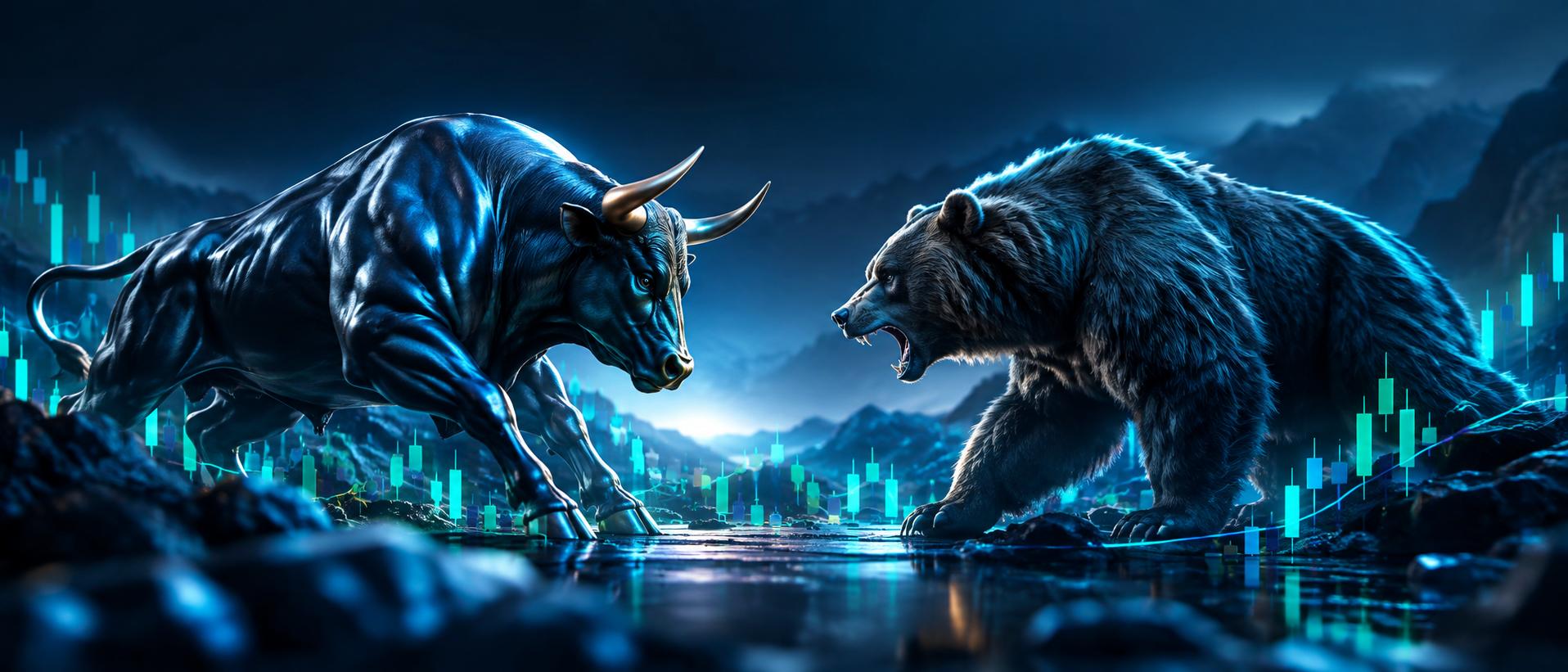 Bull and a bear facing each other on a chart landscape