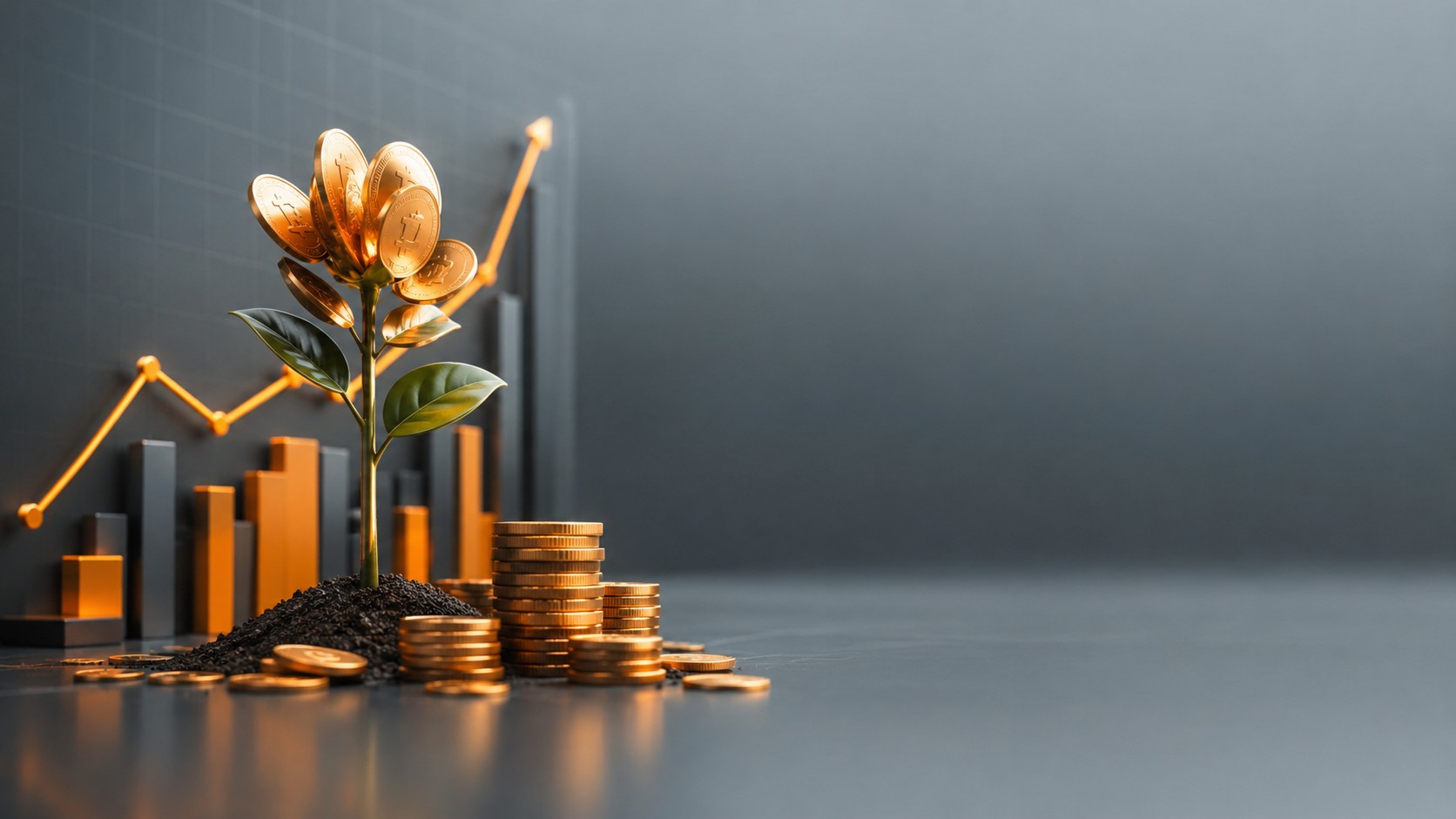 Coins growing from a small plant beside a stock chart
