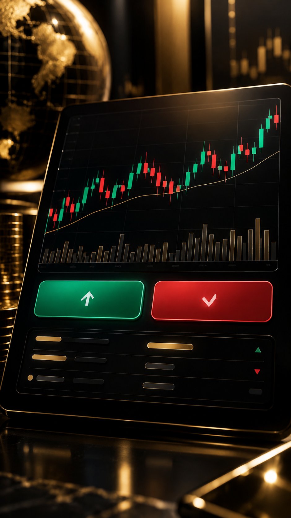 Clean buy and sell panel with green and red buttons and a candlestick chart
