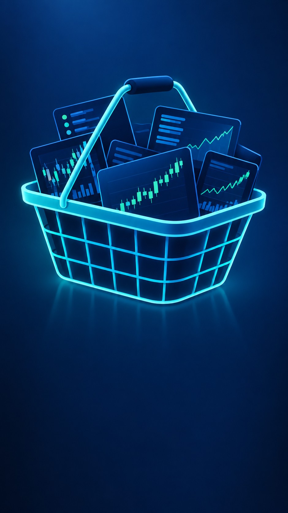 Basket made of glowing lines holding multiple mini stock charts
